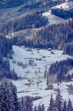 Dağlarda yeni yıl karı, dağların ve ağaçların güzel manzarası dallar ve kış havası.