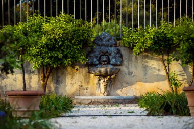 Antik Roma parkı sütunları ve anıtlarıyla bir sürü yeşillik ve mermer heykeller