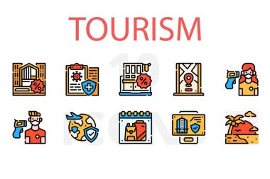 Düz turizm simgelerinin vektör illüstrasyon kümesi