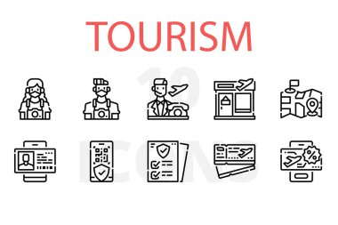 Düz turizm simgelerinin vektör illüstrasyon kümesi