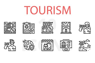 Düz turizm simgelerinin vektör illüstrasyon kümesi