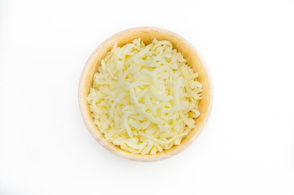 Grated cheese in a wooden bowl