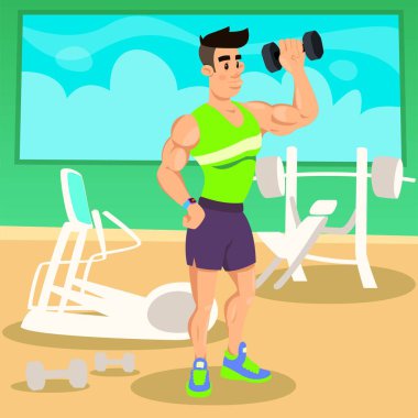 Fitness Salonu 'nda dambıllarla çalışan güçlü bir adam. Sporcu adam spor salonunda çeşitli pozlarda halterle egzersiz yapıyor. Vektör karakter tasarımı. Sağlık ve Tıp Konsepti Vektör İllüstrasyonu