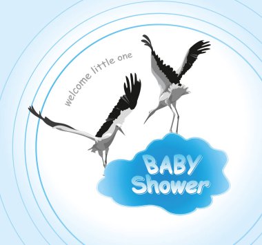 Beyaz bir arka planda, üzerinde iki uçan leyleğin olduğu vektör çizimi, serbest alan. Bebek partisi davetiyesi, kartlar, el ilanları, yeni doğan bebek için tebrikler, doğum.