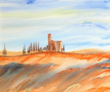Tuscany 'de mavi ve turuncu selvi dolu bir tepedeki kırsal kilisenin güneşli bir çizimi, kopyalama alanı