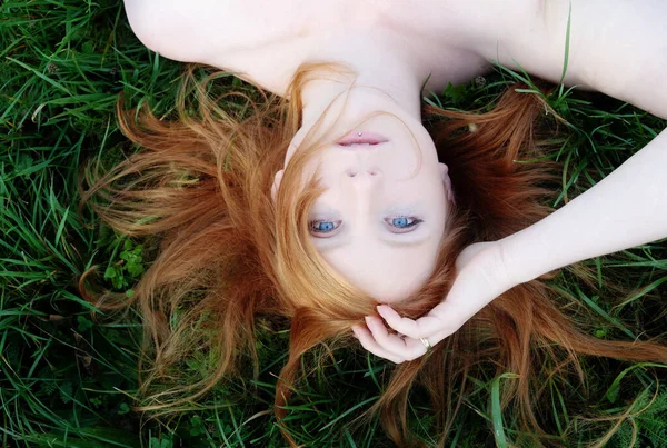 Portrait Beautiful Young Sexy Redhead Woman Spreading Red Hair Fan — Stock Photo, Image