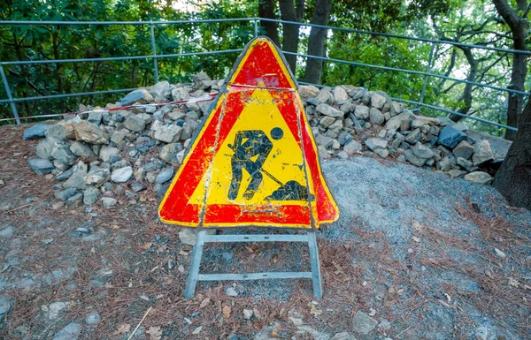 Road Construction Site Sign Stones Portofino Italy — Stock Photo, Image