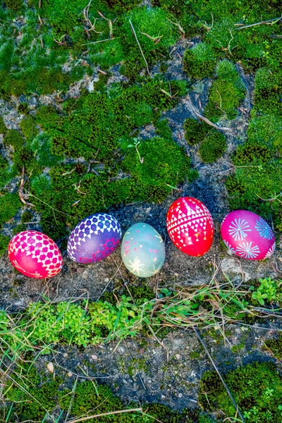 Five Easter Eggs Moss Handmade Wax Technique Old Eastern Germany — Stock Photo, Image