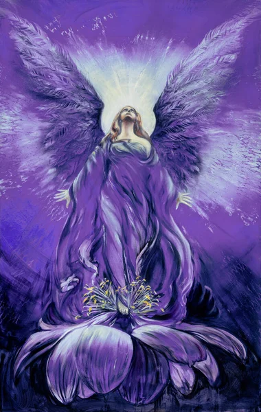 Majestic violet, purple angel of love in a lotus flower looks up in the radiance to the divine sky