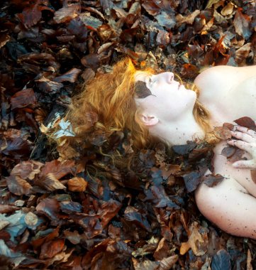 Kızıl kahverengi sonbahar yaprakları arasında uzanan, güzel, seksi, baştan çıkarıcı, uzun kızıl saçlı genç bir kadının manzarası..