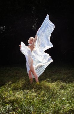 Seksi, ışıl ışıl kadın çimenlerde yalınayak dans ediyor. Akan, şeffaf katlanmış kumaşa sarılmış. Duruşu, kanatları açık, göksel ya da efsanevi bir figürü çağrıştırıyor, dramatik güneş ışığıyla yıkanmış..