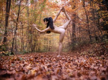 Sonbahar ormanlarında yoga yapıyor. Dansçı pozu vererek çıplak pozunu dengeliyor. Düşen yapraklar üzerine odaklanarak zarafet yayıyor..