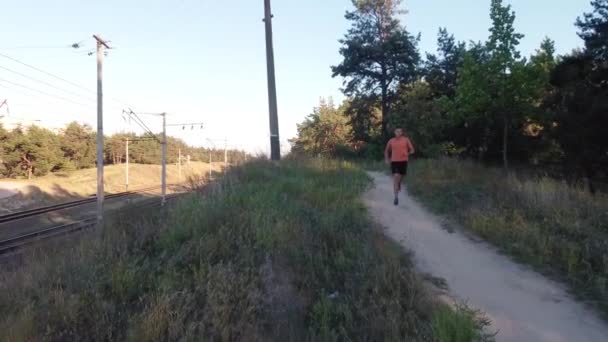 Maratona corridore jogging sulla foresta. Allenamento di triatleta di corsa, spruzzo e resistenza. Uomo che fa jogging attraverso il paese correndo su un sentiero nella foresta. Allenamento ed esercizio all'aria aperta. Rallentatore — Video Stock