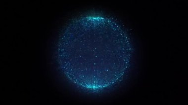 Soyut mavi küre 3 boyutlu animasyon. Yapay zeka. Veri görselleştirmenin dijital ve bilimsel yolları. Sanal gerçeklik. Hologram yükleniyor. Dans eden parçacıklar. Kusursuz döngü