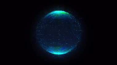 Soyut mavi küre 3 boyutlu animasyon. Yapay zeka. Veri görselleştirmenin dijital ve bilimsel yolları. Sanal gerçeklik. Hologram yükleniyor. Uzay gemisi komuta merkezi gelecekteki arayüzü. Kusursuz döngü