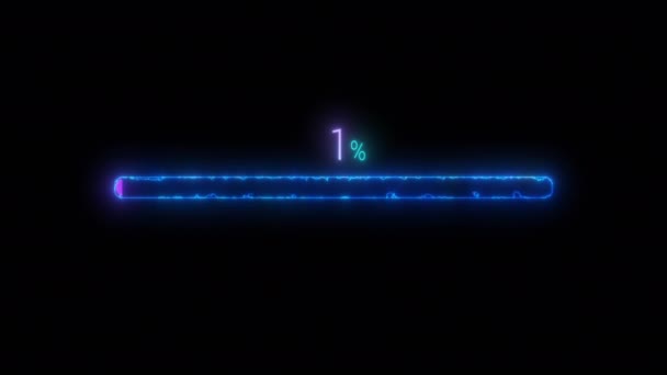 Neon parıldayan ilerleme çubuğu indiriliyor barload ekran pikselli ilerleme animasyonu. Durum çubuğu, siyah arkaplanda 0 'dan 100' e aktarılıyor. Yüzde göstergesi. Çalışan çubuk sayısı — Stok video