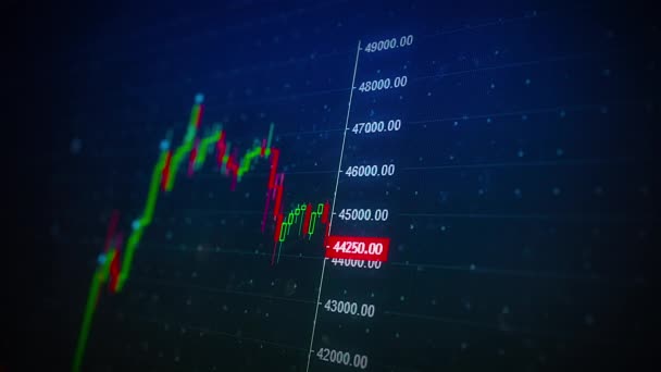 Criptovaluta grafo candela bastone. Borsa mercato ticker grafico di etereo o bitcoin. Ordini degli indici aziendali Prezzi in aumento e in calo. Guadagnare valore sul mercato. Concetto di Stato finanziario — Video Stock