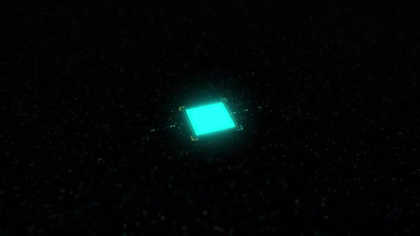 デジタル化の概念。カラフルな緑と青の未来的なデータ伝送HUD 。指タッチスクリーンスタートボタンをオンにします。Neon Glowing Circuit Network UI。機械学習AI 。デジタル爆発 — ストック動画