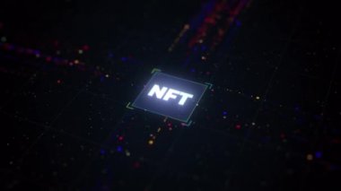 Crypto Art ve NFT konsepti. Kripto Sanatçıları, Koleksiyoncu ve Yatırımcı. Dijital Sanat Darphanesi jetonu. İşlemci çekirdeğindeki NFT kelimesinin taşınan verilerle yakın plan görüntüsü. Engelleme teknolojisi tarafından eşsiz varlıklar dijital dosyalar.