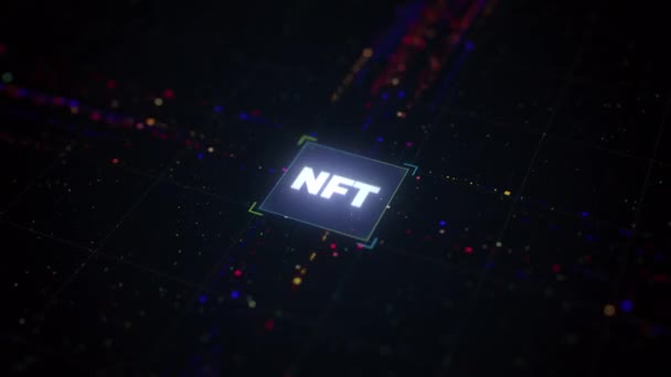 Crypto Art and NFT concept (en inglés). Crypto Artistas, Coleccionista e Inversor. Ficha de Menta de Arte Digital. Primer plano de la palabra NFT en el núcleo de la CPU con datos en movimiento. Archivos digitales de activos únicos por tecnología blockchain. — Vídeos de Stock