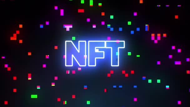 Crypto Art en NFT concept. Crypto Artiesten, Verzamelaar en Belegger. Digitale Kunst Muntteken. NFT woord met glitch kleur blokkeert bewegende gegevens. Unieke activa digitale bestanden door blockchain technologie — Stockvideo