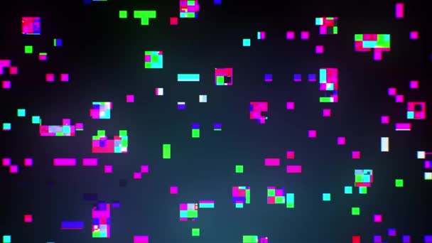 Абстрактні барвисті глюкові блоки на чорному тлі. Порушений спотворення поганий відеоекран глянцевий перехід. Кольорові світлові квадрати. Безшовна петля — стокове відео