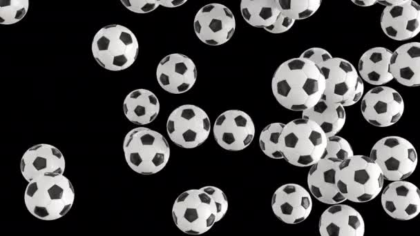 Balones de fútbol transición en alfa. Bolas que caen llenan la pantalla superposición compuesta — Vídeo de stock