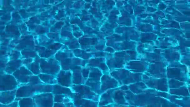 Vista superior da superfície de água azul puro na piscina com reflexos de luz e cáustico. Ondas claras da piscina e ondas. Espaço para cópia. Fundo de férias de verão, papel de parede, banner web, publicidade — Vídeo de Stock