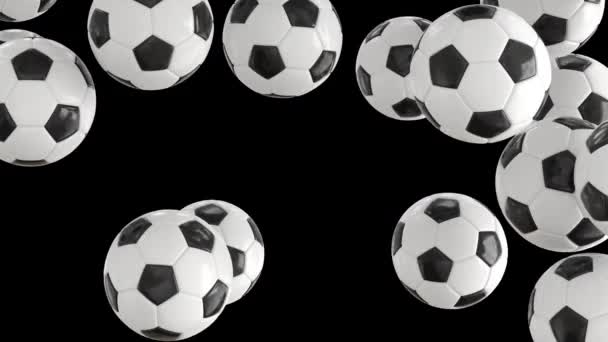 Balones de fútbol transición en alfa. Bolas que caen llenan la pantalla superposición compuesta — Vídeo de stock