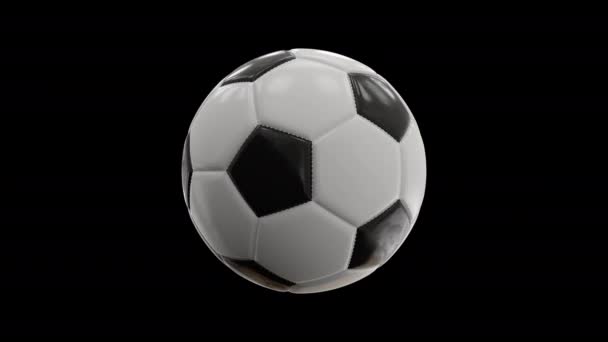 サッカーボール360回転。孤立したアルファチャンネルシームレスループアニメーション現実的な3Dアニメーションシームレスループ。スポーツニュースやスポーツ広告に最適です。黒と白のサッカー。スローモーション — ストック動画