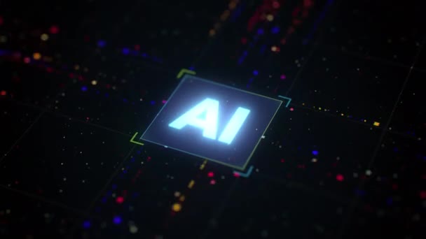 AI人工知能の概念。回路基板マイクロプロセッサ。機械学習、コンピュータ技術。インターネットとビッグデータフローとストリーム。ニューラルネットワークコンピューティングコア。電子ニューロン — ストック動画