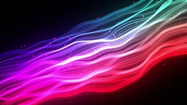 ネオンカラー鮮やかな光ファイバーの背景。波状線と粒子。虹の輝く波の縞。弦の振動が遅い。デジタルデータ転送 — ストック動画