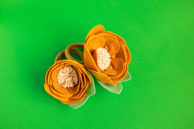 Çiçek şeklinde kızlar için süslü saç keçeli bant. El yapımı. Yeşil arkaplan