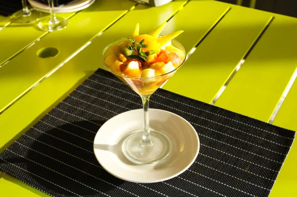 Dessert Pieces Pulp Different Fruits Fruit Platter Table Setting Restaurant — Stock Photo, Image