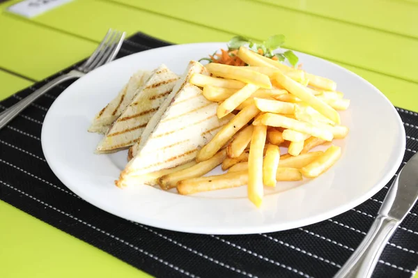 Restaurant Menu French Fries Bread Salad Table Setting Restaurant — Stock Photo, Image