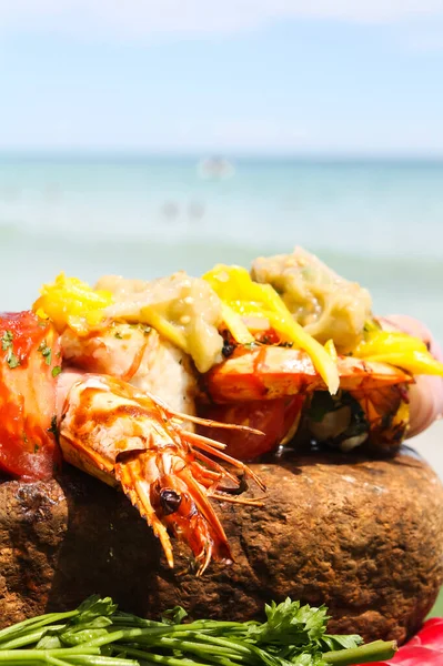 Langosta Frita Con Verduras Mariscos Cocinar Mariscos Aire Libre — Foto de Stock