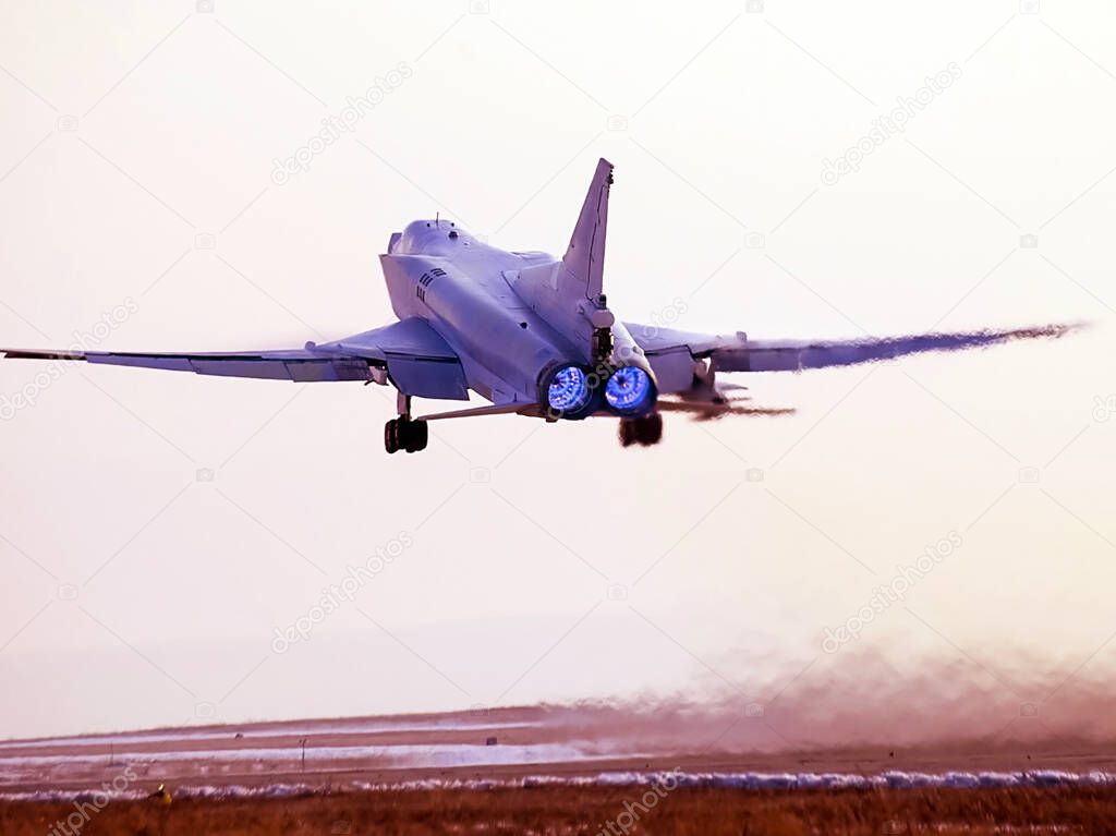 Moscow, Russia - October 16, 2008: Take-off of the military plane. Educational flights of a bomber.