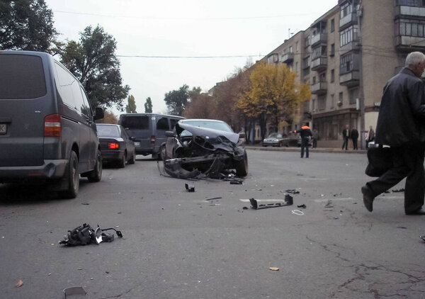Kharkov, Ukraine - June 17, 2009: Consequences of a car accident, a wrecked car. Road traffic accident