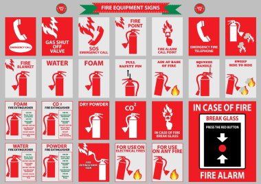 Yangın ekipmanları işaretler kümesini (telefon, su, köpük, co2, toz, kesme cam, gaz, sos, acil durum, alarm, yangın söndürücü, alev) düz vektör çizim