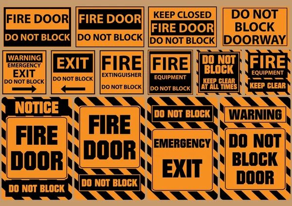 Set nicht blockieren Tür für Notfälle (Warnung, Hinweis, Sicherheit) flache Vektorabbildung — Stockvektor