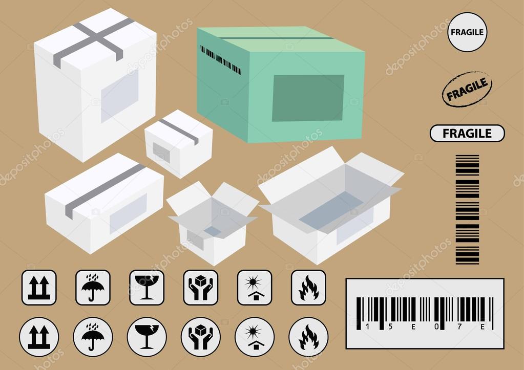 set of packaging symbols (this side up, handle with care, fragile, keep dry, keep away from direct sunlight, flammable, bar code,  recyclable) vector illustration