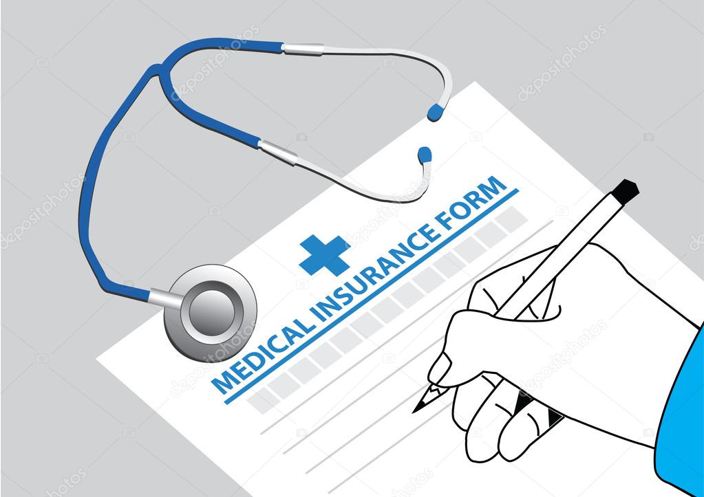 doctor fill in the medical insurance form with stethoscope on the table. vector illustration