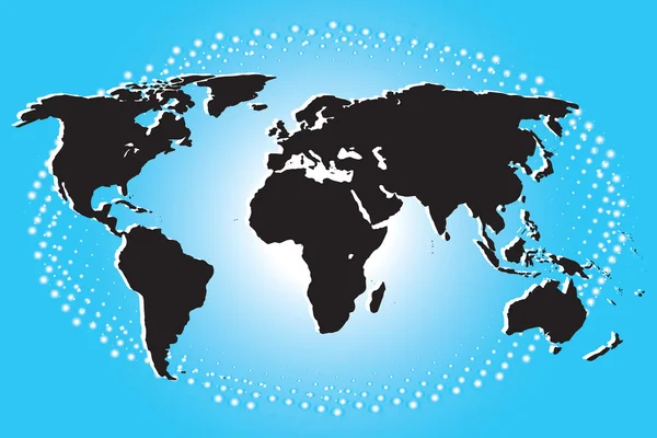 青い背景上の黒い大陸世界地図 — ストックベクタ