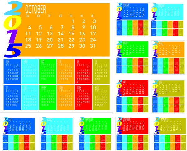 Aantal maandelijkse jaar 2015 kleurrijke kalender — Stockvector