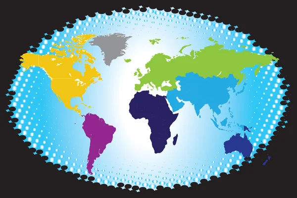 Colorato Continentale mappa del mondo sfondo nero — Vettoriale Stock