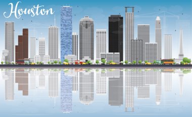 Houston Skyline with Gray Buildings, Blue Sky and Reflections.