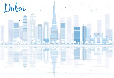 Mavi binalar ve yansımalar ile Anahat Dubai silueti. 