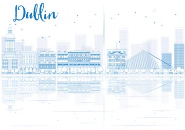 Mavi binalar ve yansımaları ile Anahat Dublin silueti. 