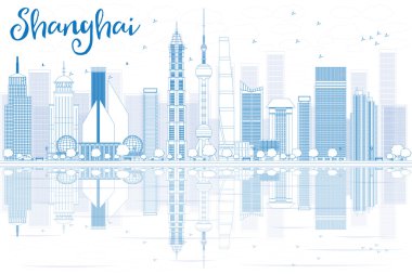Anahat Shanghai manzarası ile mavi gökdelenler ve yansımalar. 