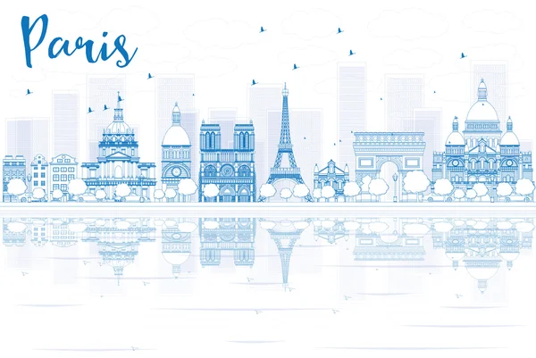 Esquema del horizonte de París con edificios azules y reflejos . — Vector de stock